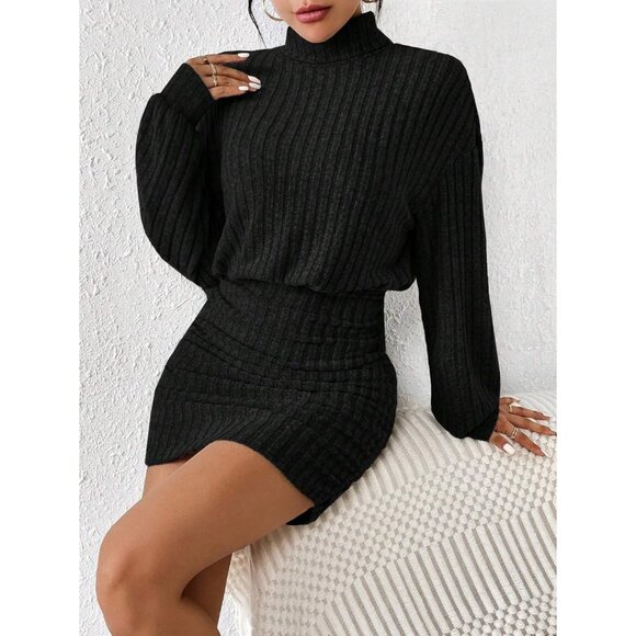 Women Pullover Black Sweater Dress Lantern Sleeve Turtleneck Ribbed Mini Fall - Picture 4 of 5